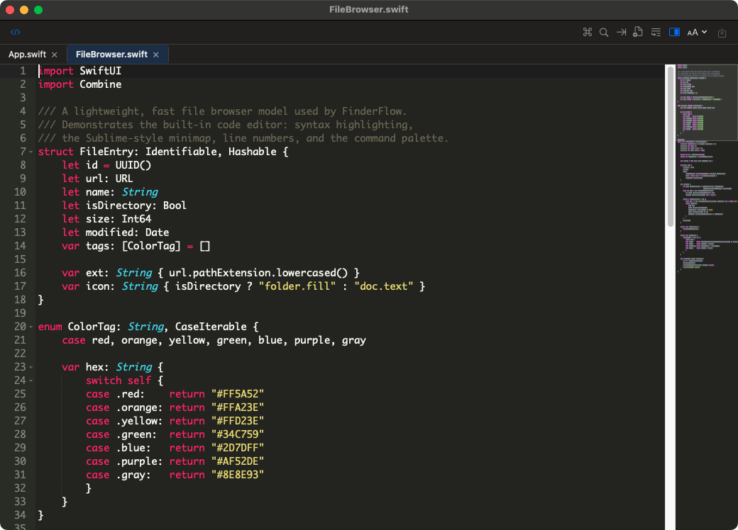 Built-in code editor with two tabs, line numbers, syntax highlighting, and a minimap.