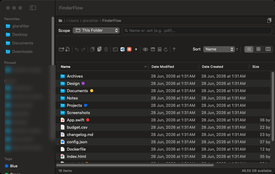 List view with sortable columns and color tags.