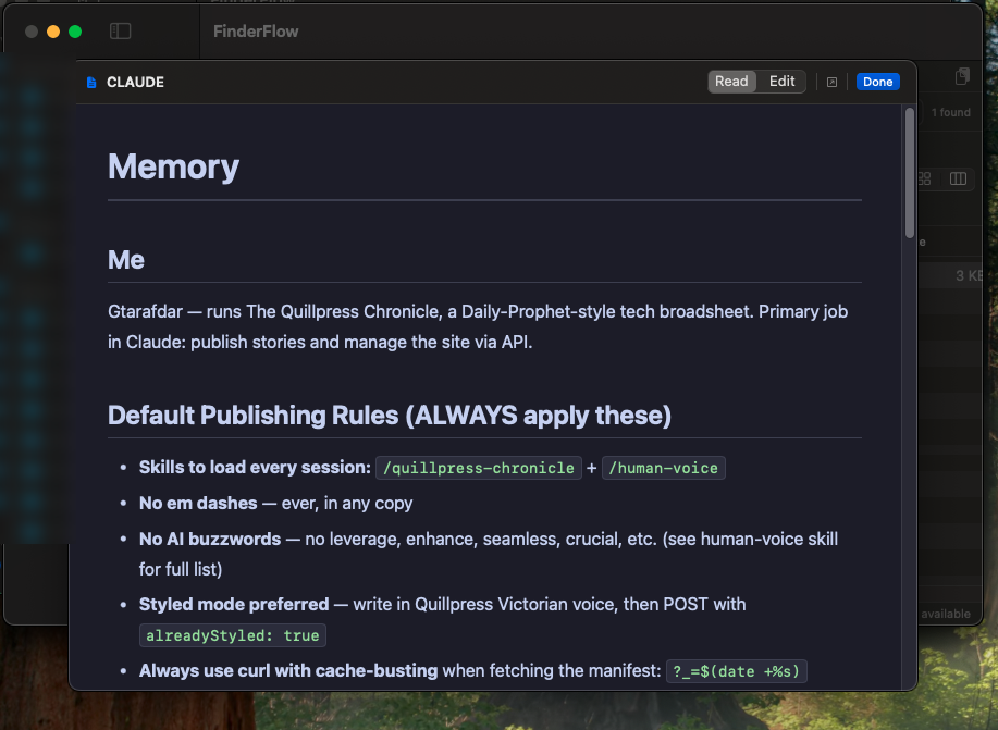 Markdown reader showing a rendered .md file with headings, lists, and inline code.