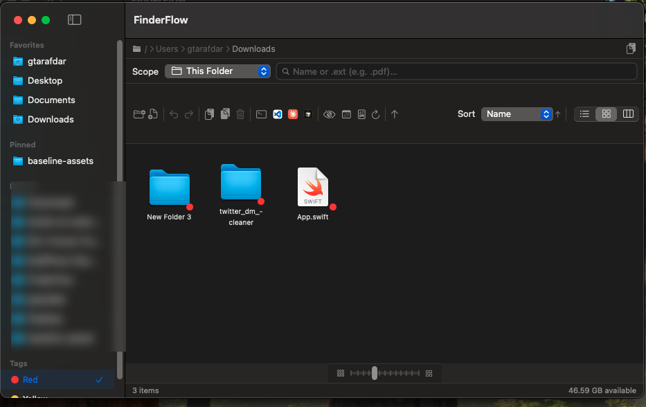 Icon view filtered by the Red tag, showing tagged items with red dots.