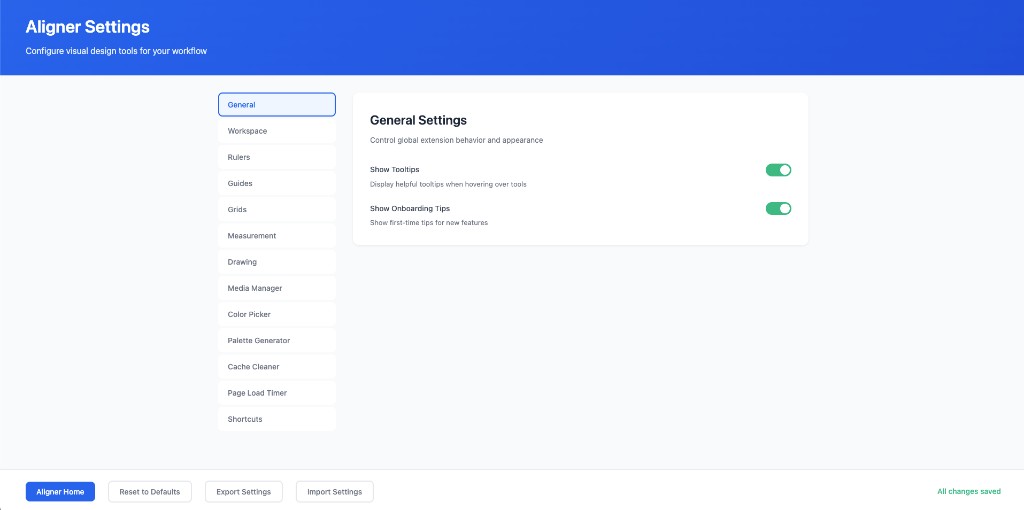 Aligner Settings general and workspace