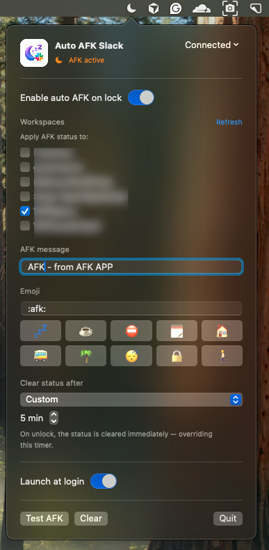 The app showing AFK active with the custom message 'AFK - from AFK APP'.