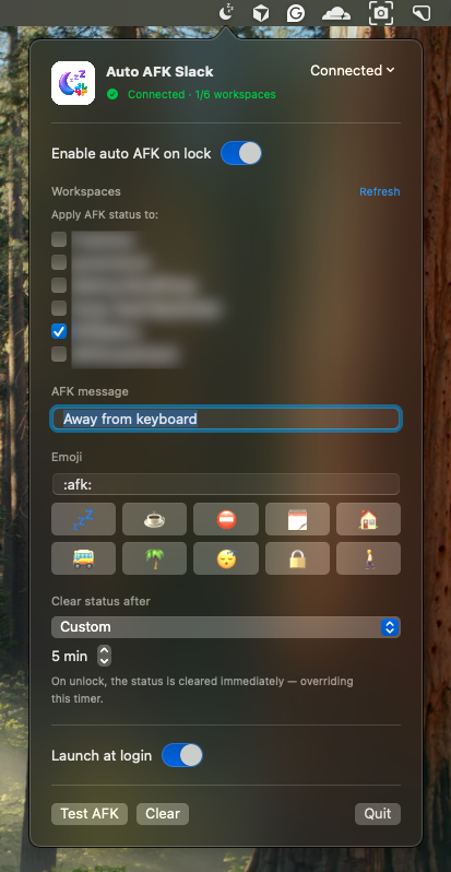 Auto AFK Slack menu-bar panel showing workspace checkboxes, AFK message, emoji picker, and a custom clear timer.
