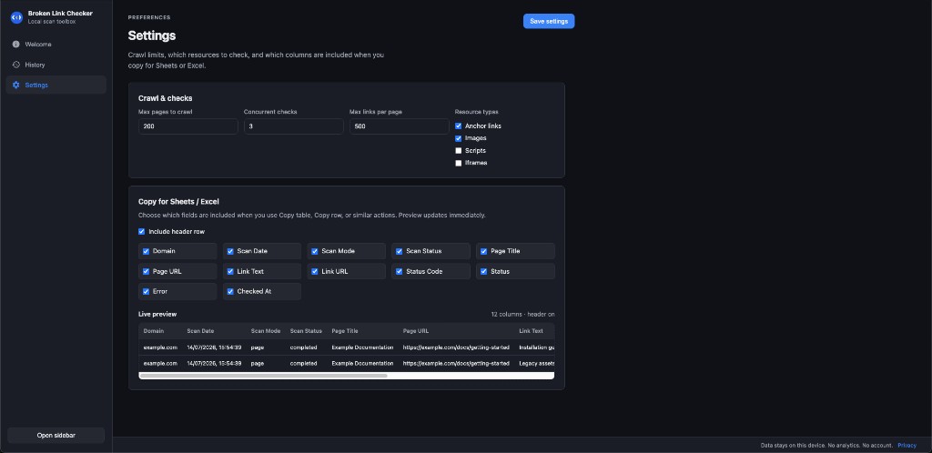 Settings for crawl limits and copy columns