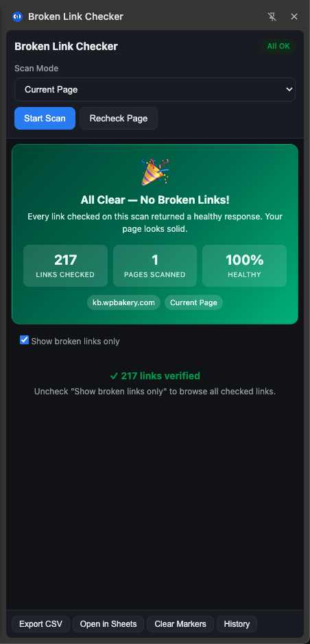 Side panel with All OK results
