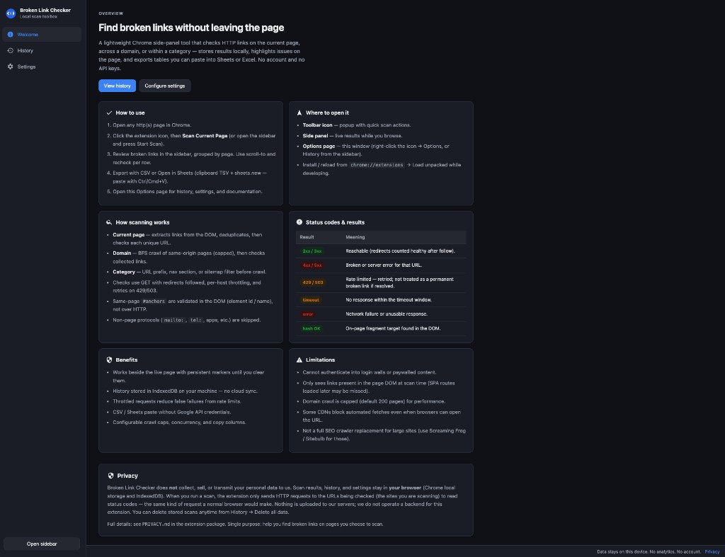 Broken Link Checker Welcome overview with how-to, status codes, and privacy
