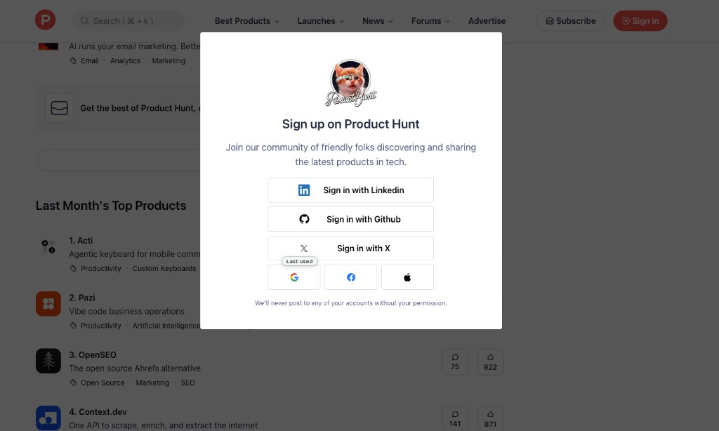 Product Hunt login with Last used on Google