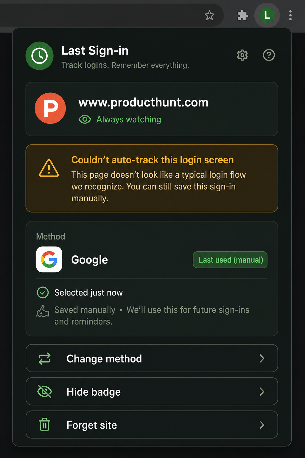 Manual save popup for Product Hunt
