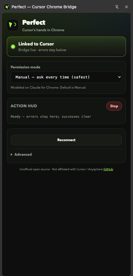 Perfect side panel showing Linked to Cursor with Manual permission mode