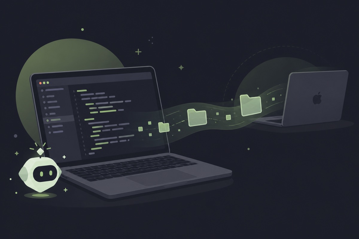 Cartoon scene of a coding laptop with an AI helper near a folder bridge to another Mac
