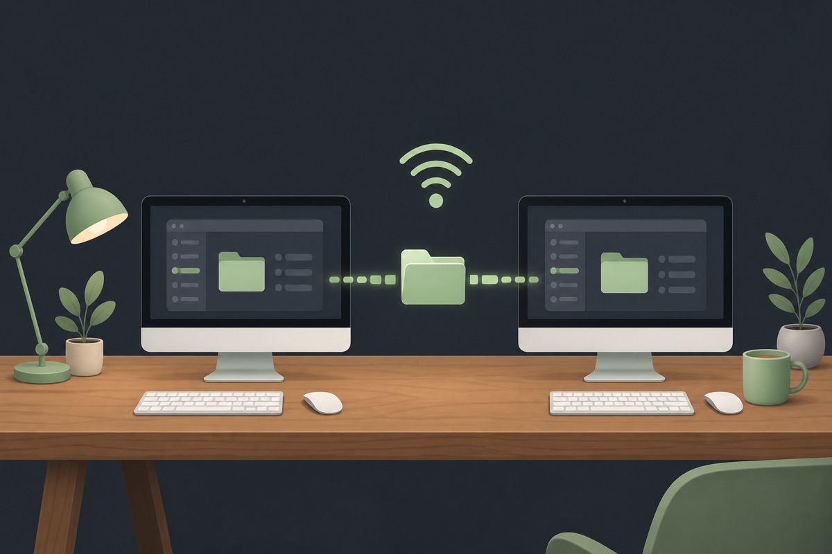 Cartoon scene of two Macs on one desk copying a folder over Wi-Fi