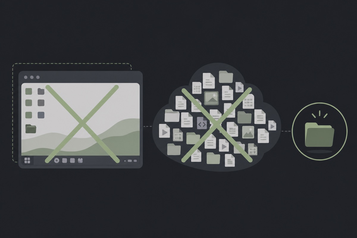 Cartoon scene rejecting full remote desktop and bulk cloud sync in favor of one approved folder