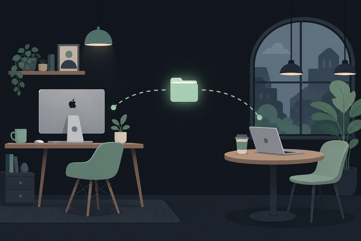 Cartoon scene of a home desk Mac and a travel laptop linked by a folder path