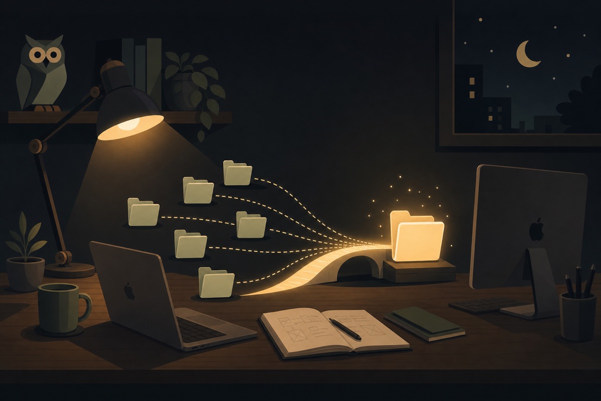 Cartoon night workshop with two Macs and folders forming a bridge under a lamp