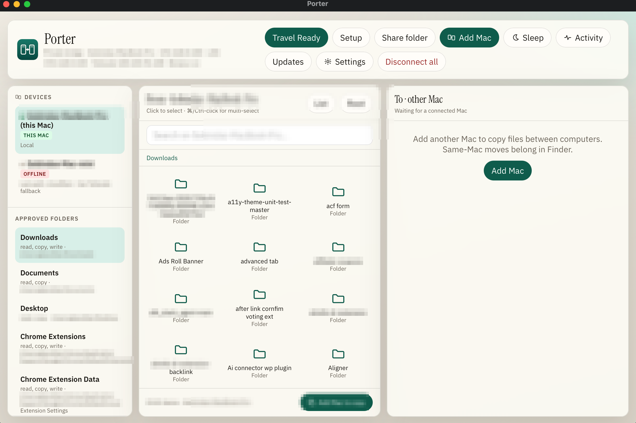 Porter dual-pane Finder UI with approved folders