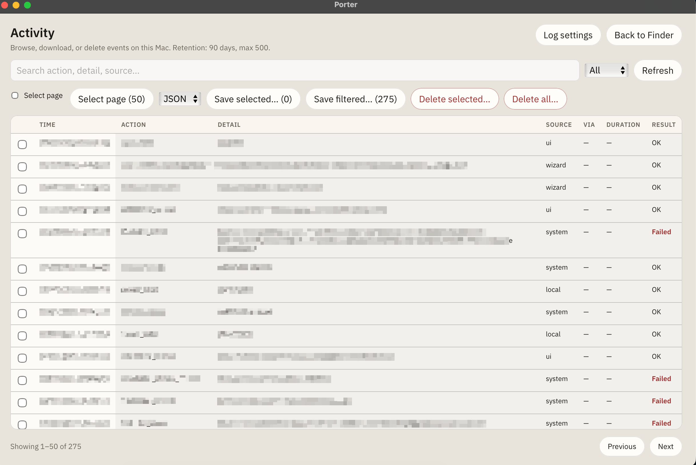 Activity log view