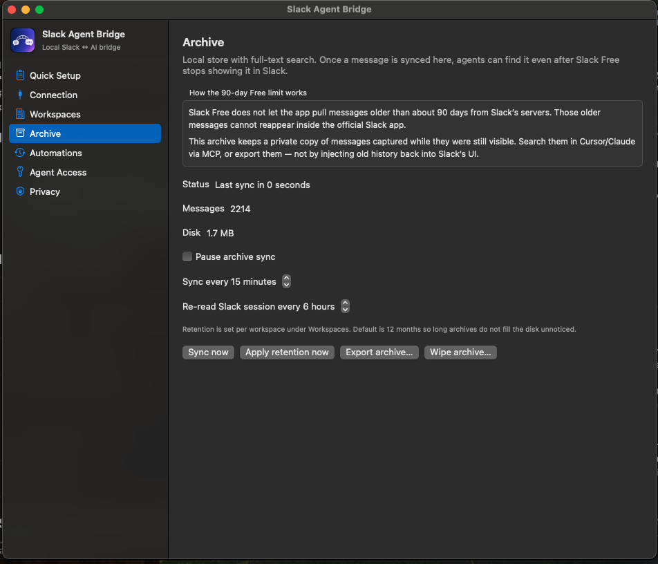 Archive pane with message count, disk usage, and sync controls