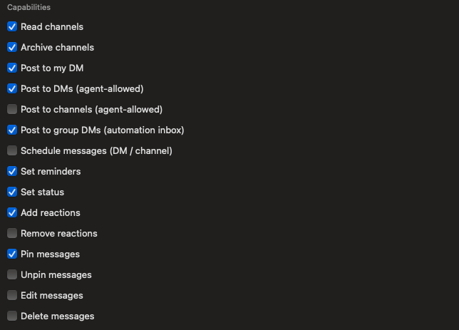 Workspace capabilities toggles for read, archive, post, schedule, and reactions