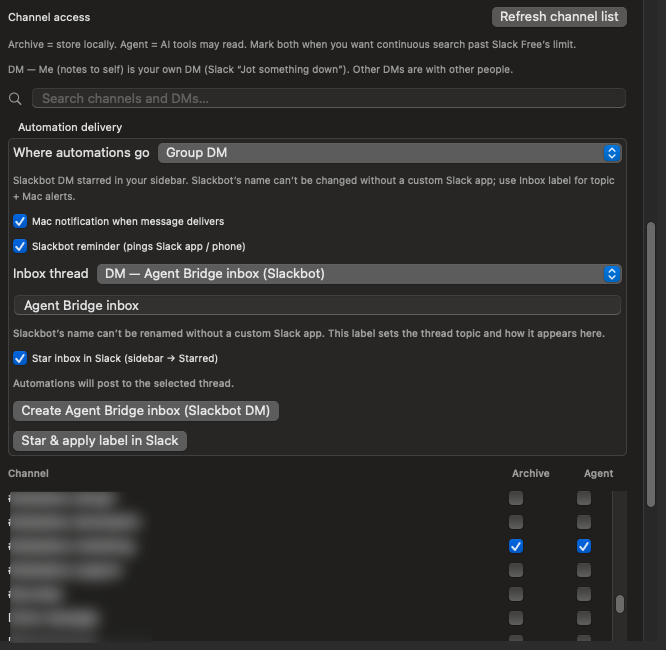 Channel access list with Archive and Agent checkboxes and automation delivery settings