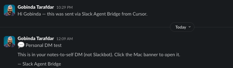 Slack personal DM with a test message sent via Slack Agent Bridge from Cursor