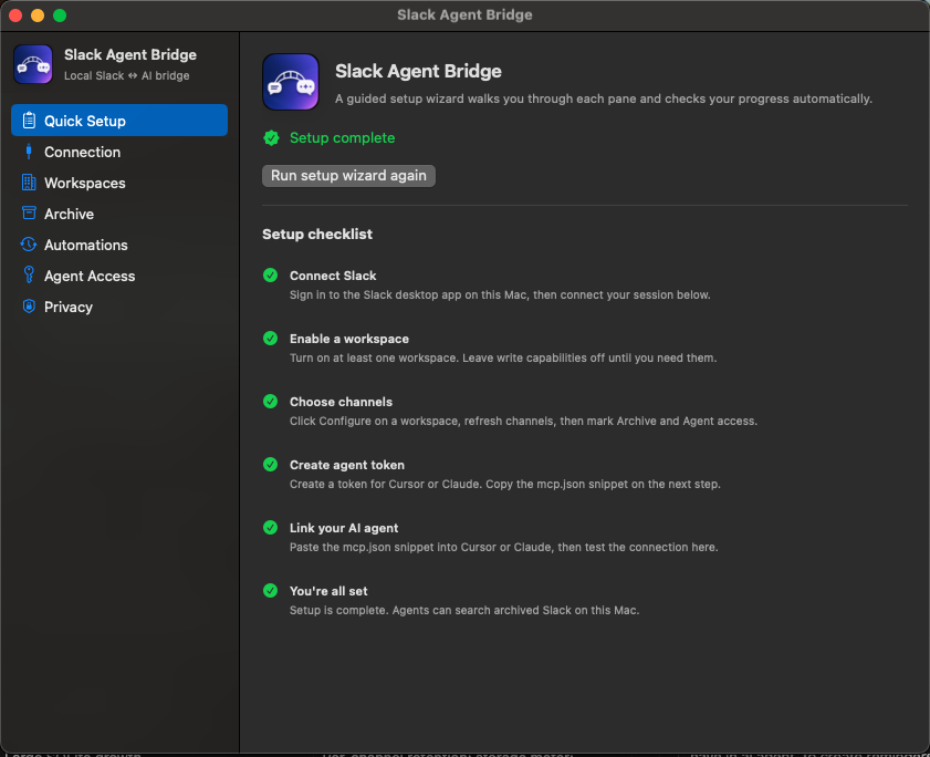 Quick Setup wizard showing completed setup checklist