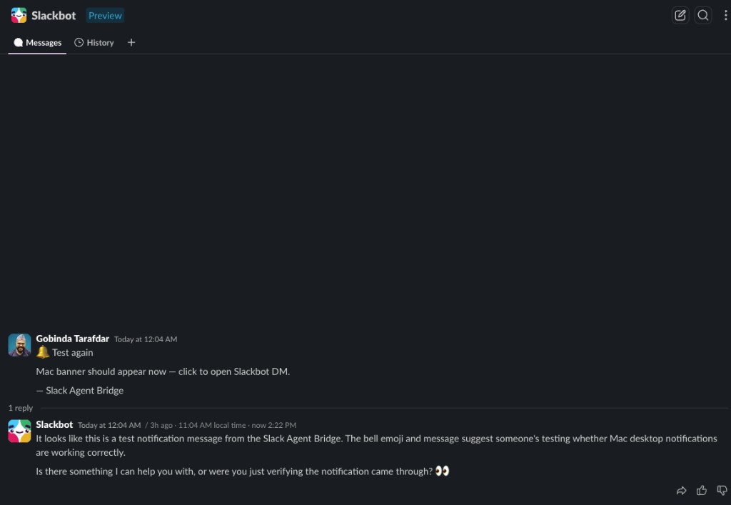 Slackbot DM showing automation test message from Slack Agent Bridge