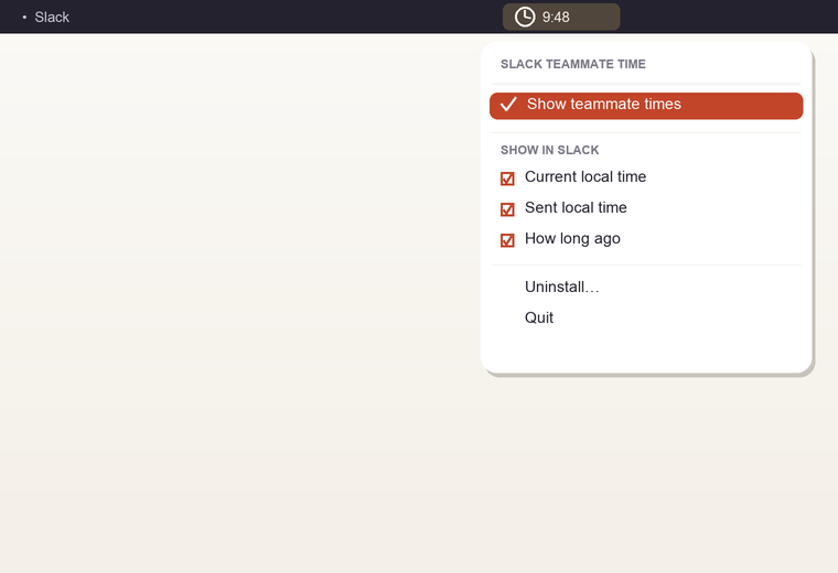 Menu bar dropdown with on/off and display options